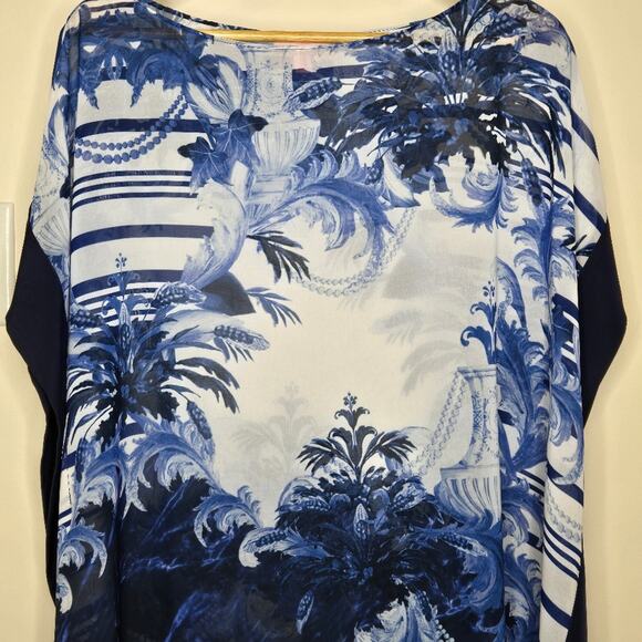 TED BAKER Sheer Blue & White Flowy Scarf Blouse Size Medium - Picture 2 of 8